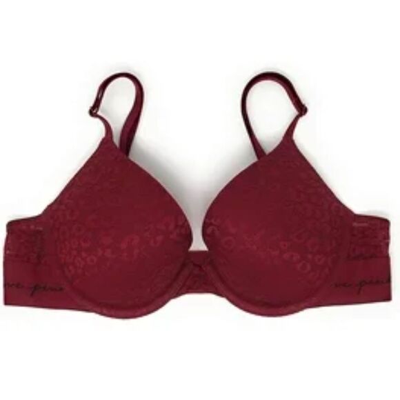 PINK Victorias Secret Intimates Burgandy Leopard T-Shirt Bra Size 36D Padded EUC - Picture 1 of 5